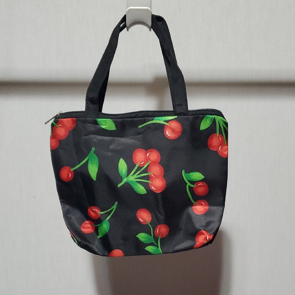 Cherry Print Black Tote Makeup  Bag Small